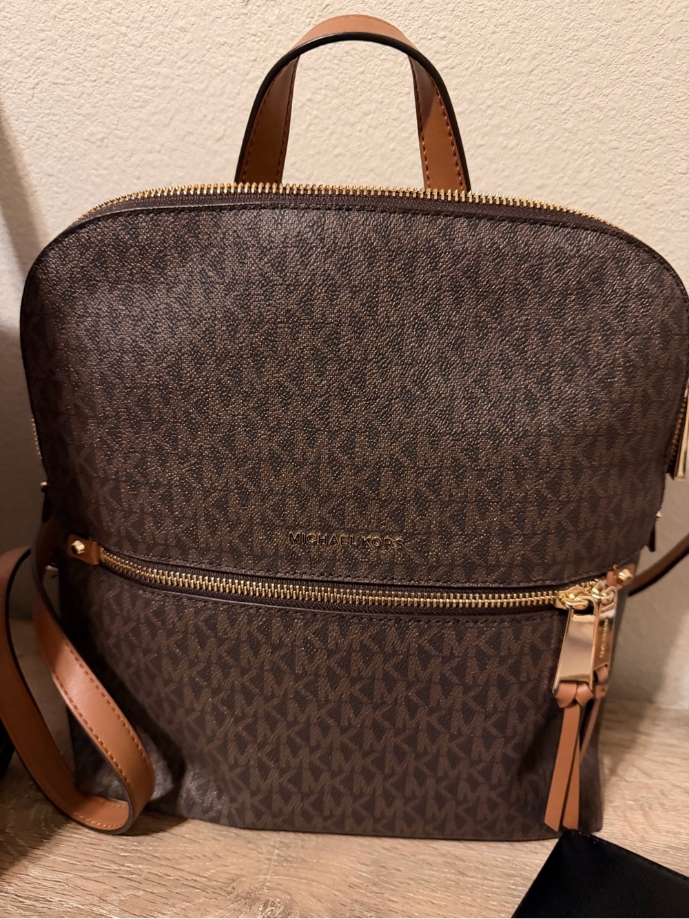 MICHAEL KORS Brown Logo-Print Jet Set Backpack with Gold Hardware